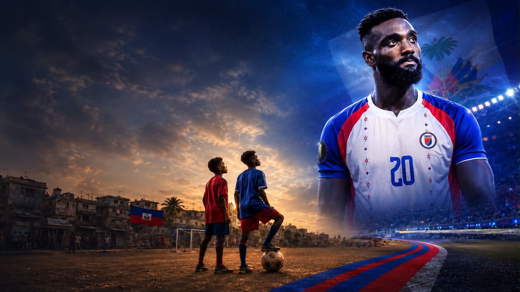 Two young Haitian footballers at sunset dreaming of a better future