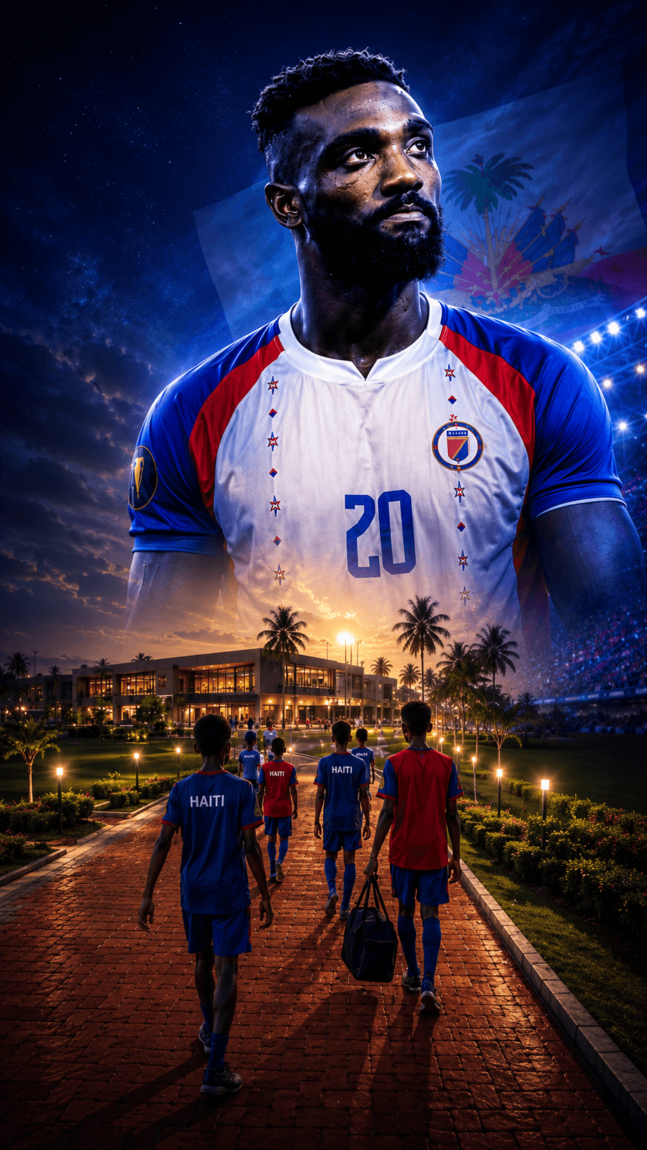 Young Haitian footballers walking towards a FOFPI academy at night