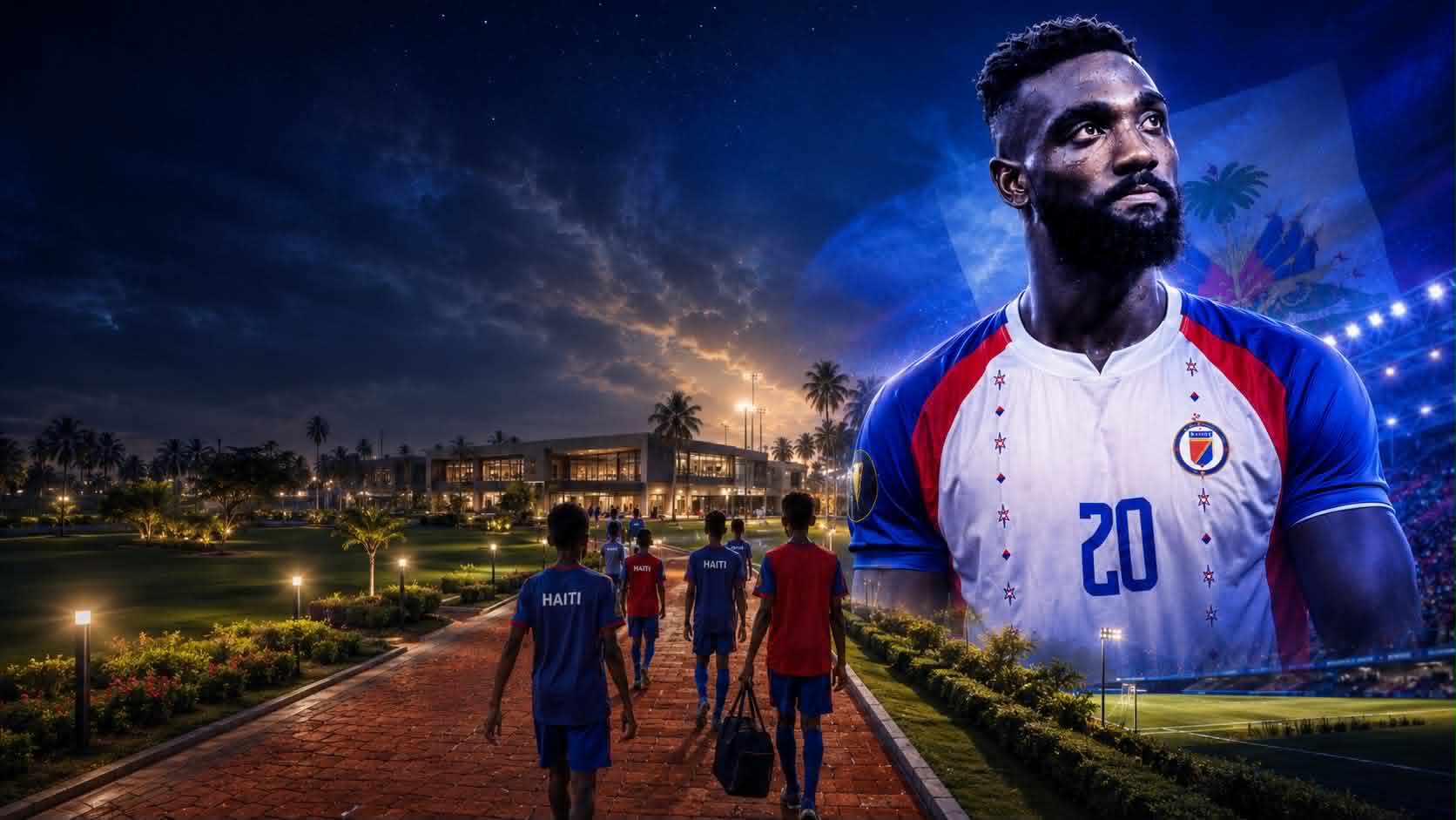 Young Haitian footballers walking towards a FOFPI academy at night